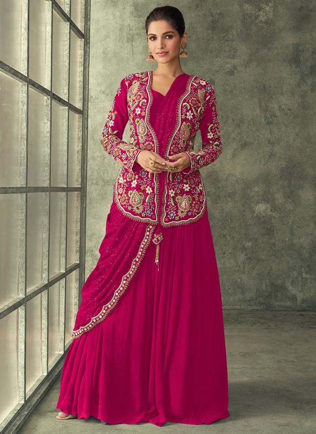 Real Georgette Rani Pink Party Wear Embroidery Work Readymade Indo Western